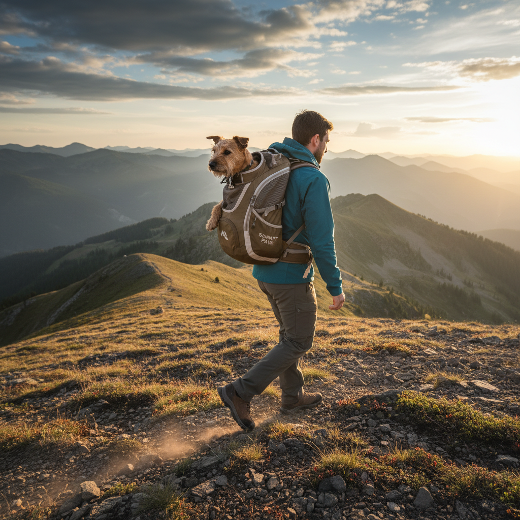 등산복을 입은 남성이 갈색 테리어 강아지가 고개를 내밀고 있는 인체공학적 반려동물 전용 등산 백팩을 메고 탁 트인 산 정상의 능선을 걷고 있는 역동적인 풍경 사진.