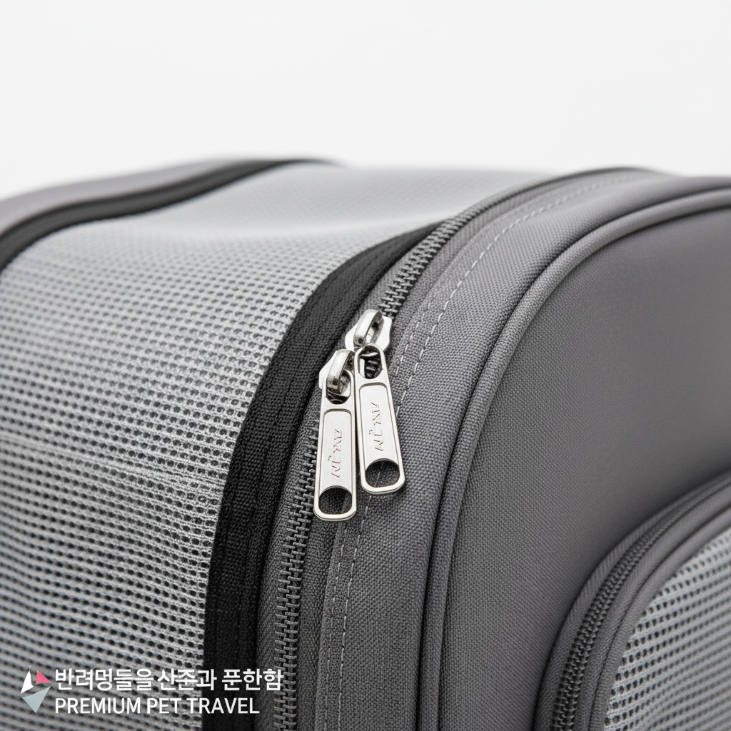 반려동물의 안전과 편안함을 강조하기 위해 백팩의 통기성 좋은 메쉬 소재와 튼튼한 지퍼 부분을 근접 촬영한 사진으로 밝고 깨끗한 스튜디오 조명 아래에서 촬영된 이미지.