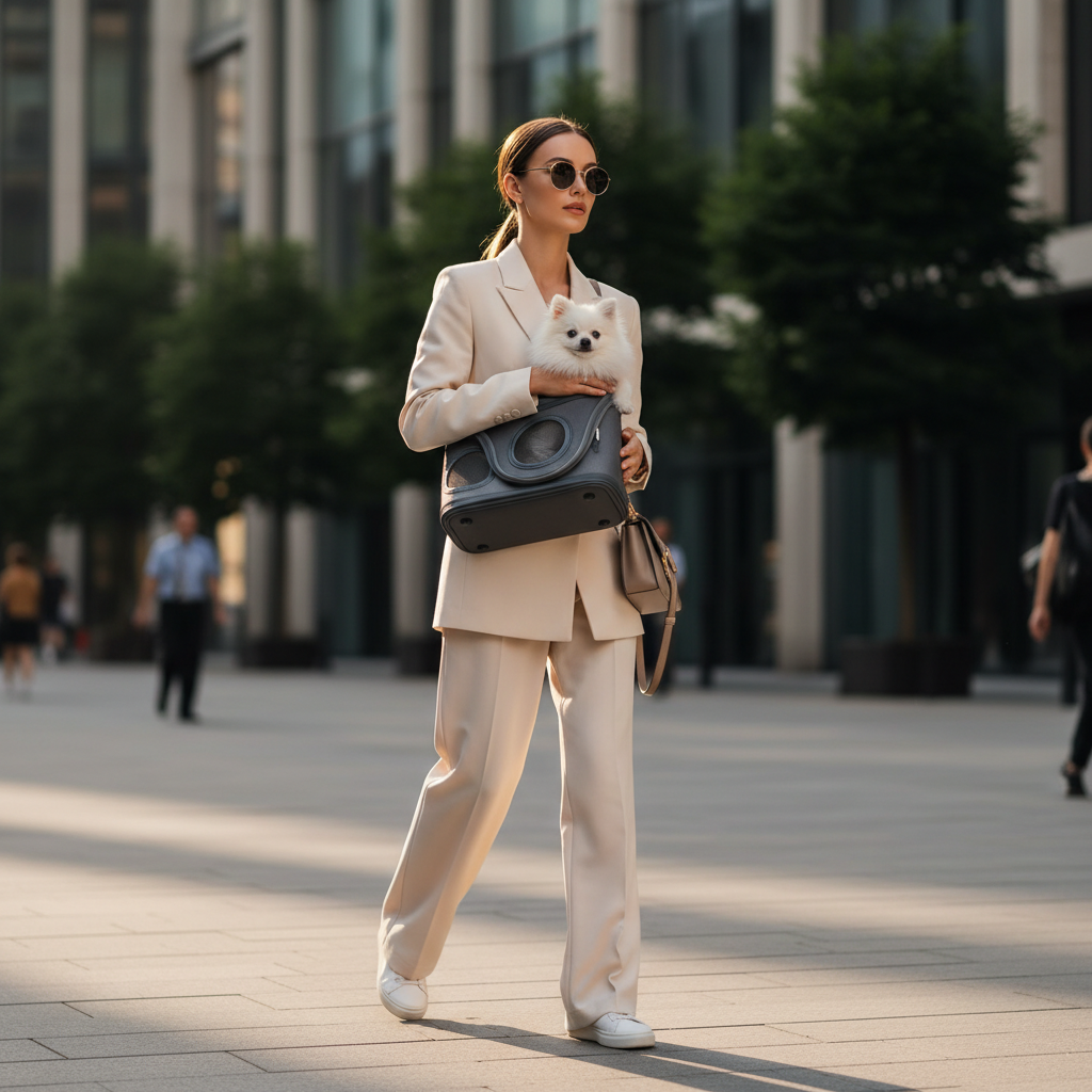 세련된 도시 거리를 배경으로 젊은 여성이 소형 포메라니안을 넣은 슬림하고 현대적인 회색 전면 캐리어를 가슴에 메고 걷고 있는 스타일리시한 라이프스타일 사진.