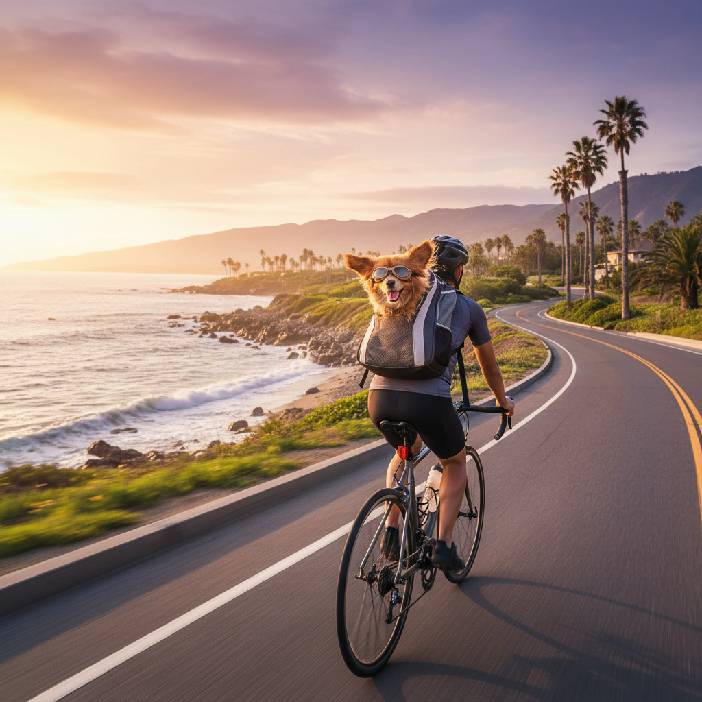 자전거를 타고 해안 도로를 달리는 사람의 등에 안정적으로 고정된 반려동물 백팩 속에서 고글을 쓴 소형견이 바람을 즐기는 모습을 담은 선명하고 생동감 넘치는 야외 촬영 이미지.
