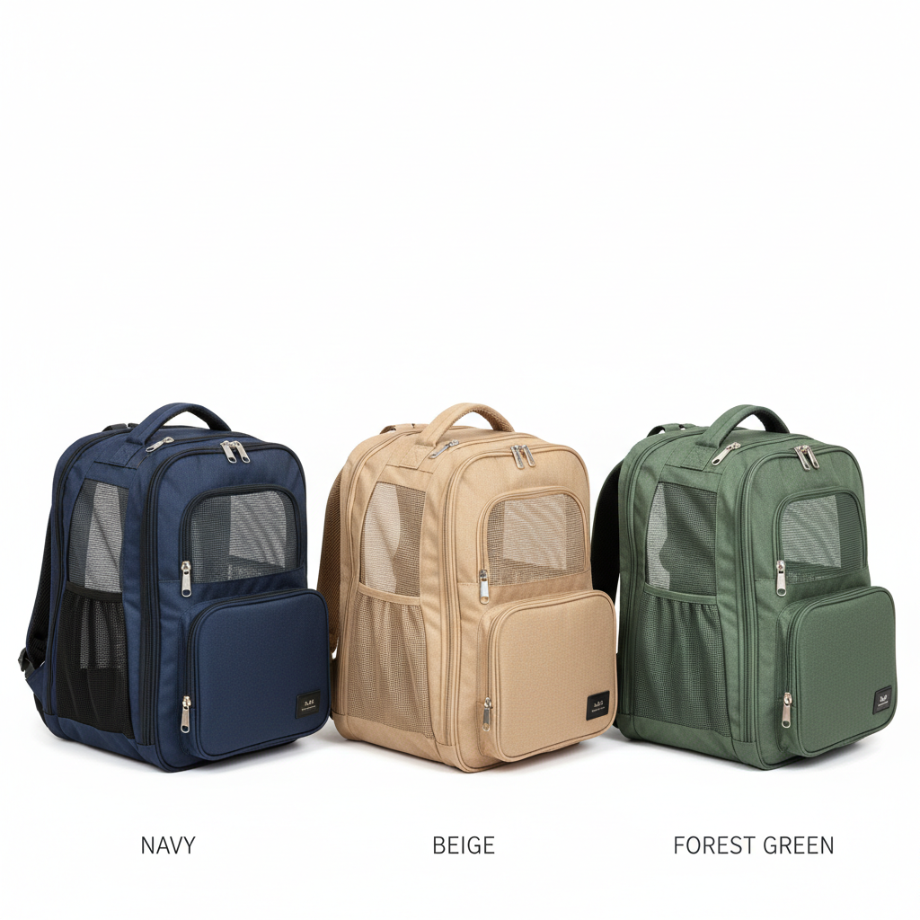 네이비, 베이지, 포레스트 그린 등 세 가지 색상의 확장형 반려동물 백팩을 깨끗한 화이트 배경 앞에 나란히 배치하여 제품의 색상과 크기를 비교할 수 있는 깔끔한 제품 카탈로그용 사진.