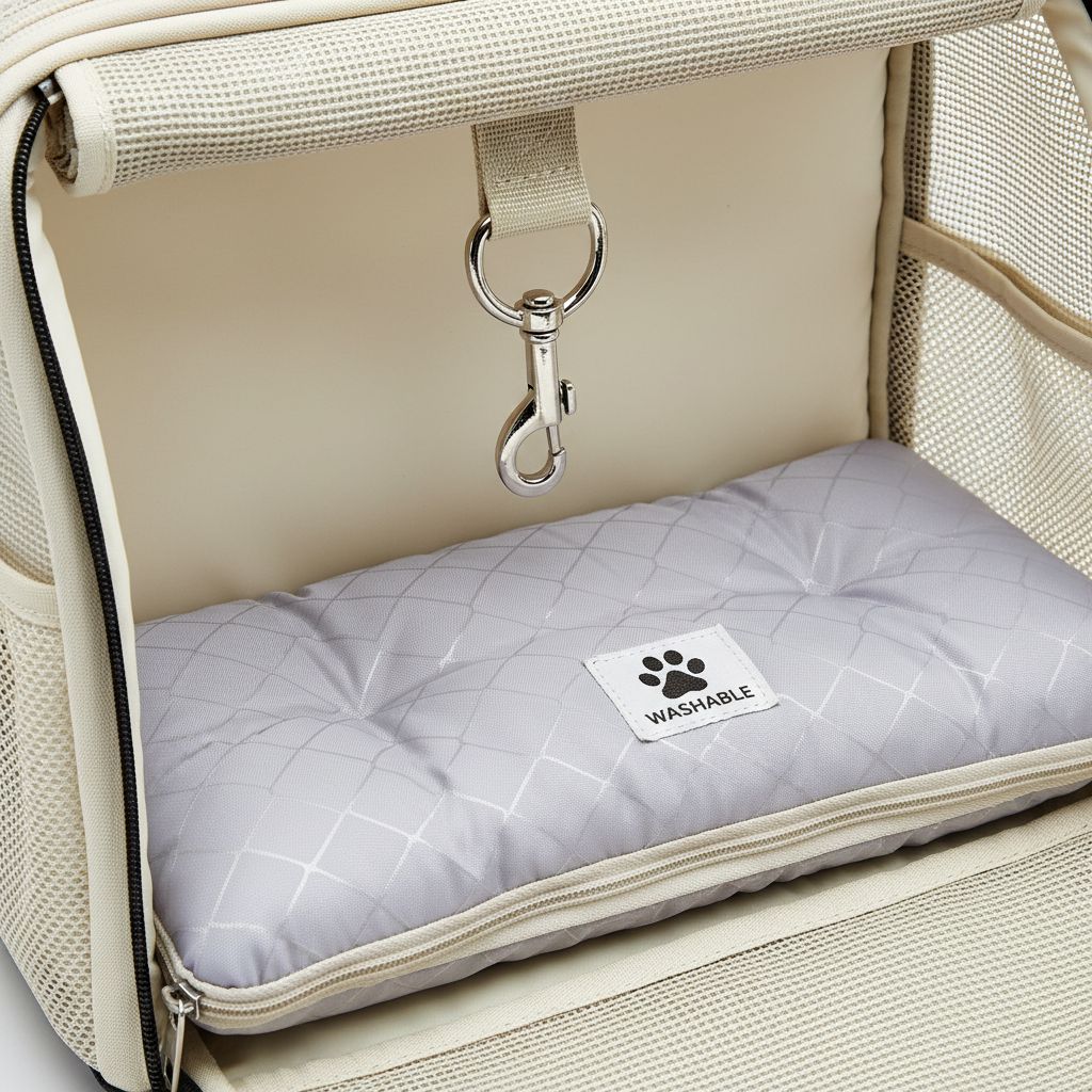 반려동물 백팩 내부의 안전 고리와 두툼하고 분리 세척이 가능한 바닥 패드를 상세하게 보여주어 기능성과 위생을 강조한 밝은 조명의 상세 이미지.
